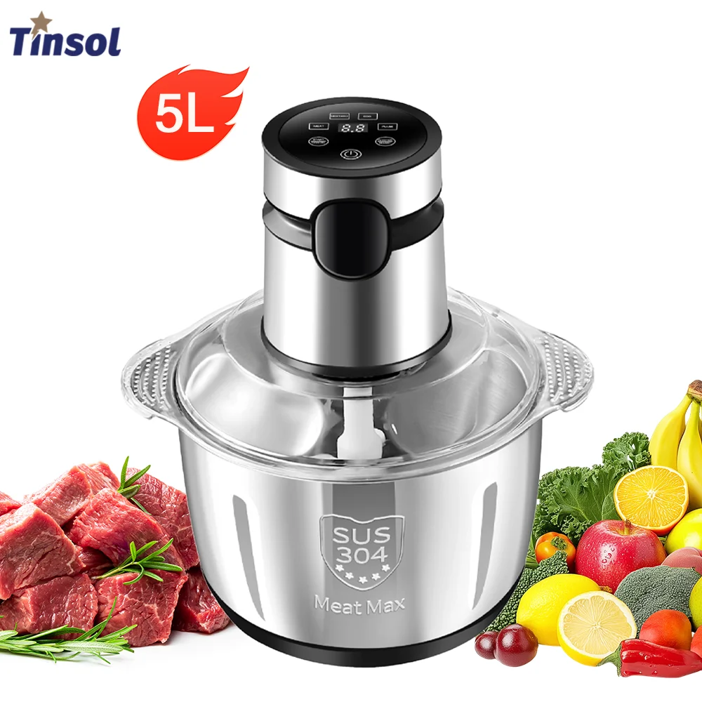 TINSOL 5 l elektrischer Fleischwolf, multifunktional, 304 Edelstahl, Lebensmittelzerkleinerer, Gemüseschneider, Zerkleinerer, Babynahrungsmaschine