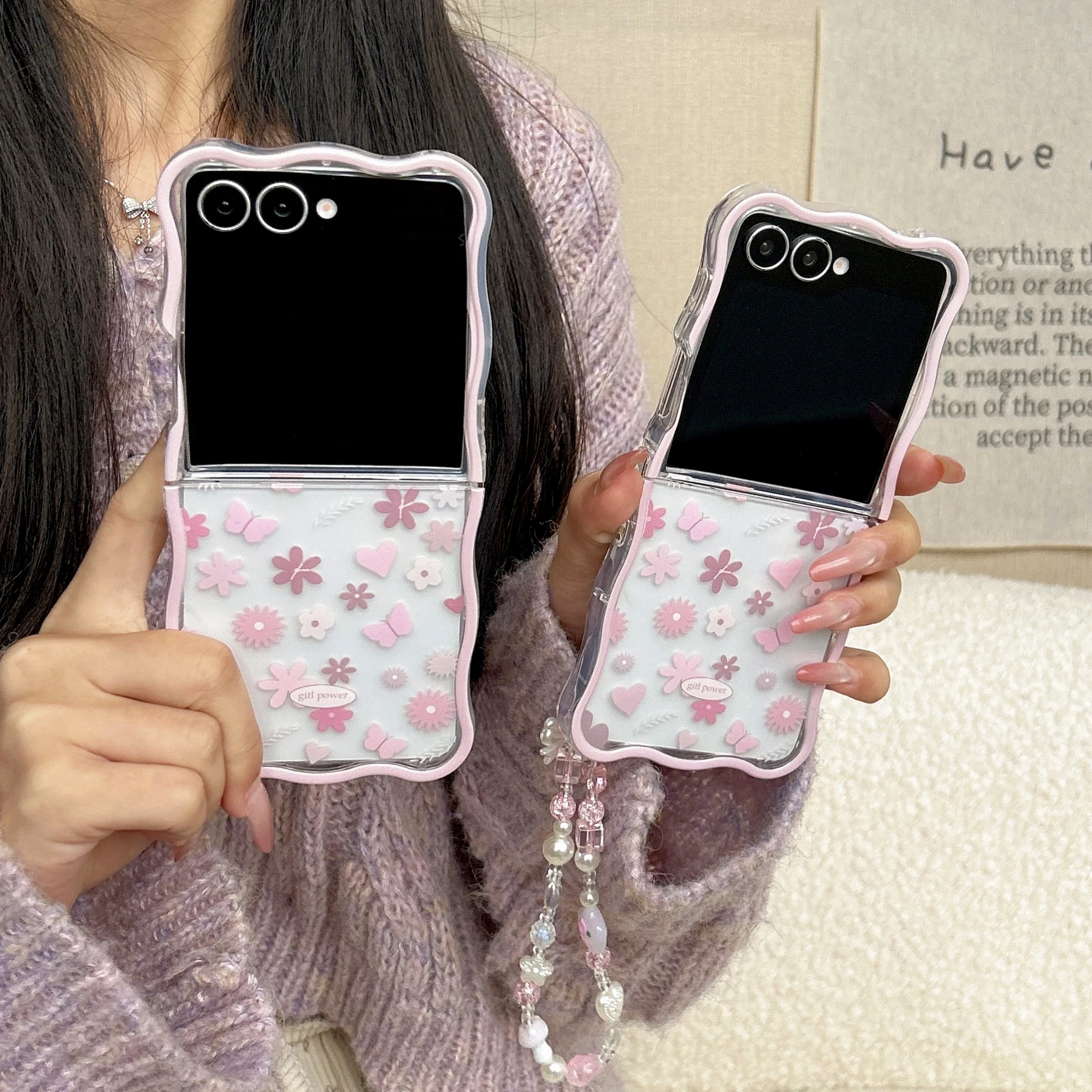 

Wavy Edge Cover For Samsung Z Flip 7 With Lanyard Phone Case For Samsung Galaxy Z Flip 7 6 5 Flip4 3 Lovely Cherry Blossom Cover