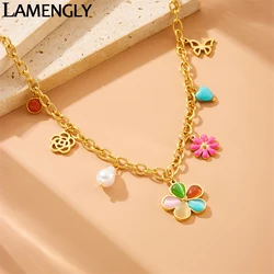LAMENGLY New Arrival 316l Stainless Steel butterfly Five colored flower Pendant Necklace temperament Women Non-fading Neck Chain