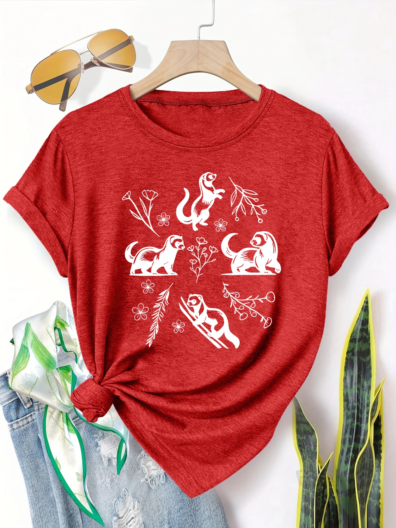 

Plus Size Women's Short Sleeve T-Shirt Otter Floral Black White Design Spring and Summer Essentials summer outfits women's