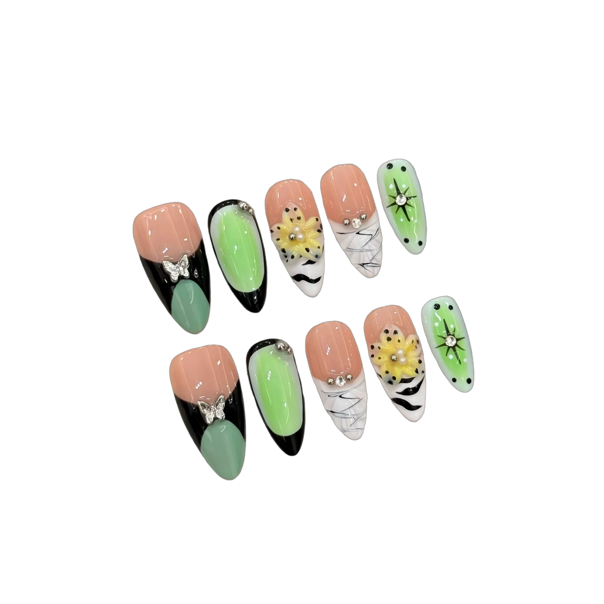 เล็บปลอมแบบกดติด 10 ชิ้น ดีไซน์หรูหรา งานแฮนด์เมด รูปทรงอัลมอนด์ พร้อมอุปกรณ์ 3 ชิ้น กาวติดเล็บแบบแผ่น