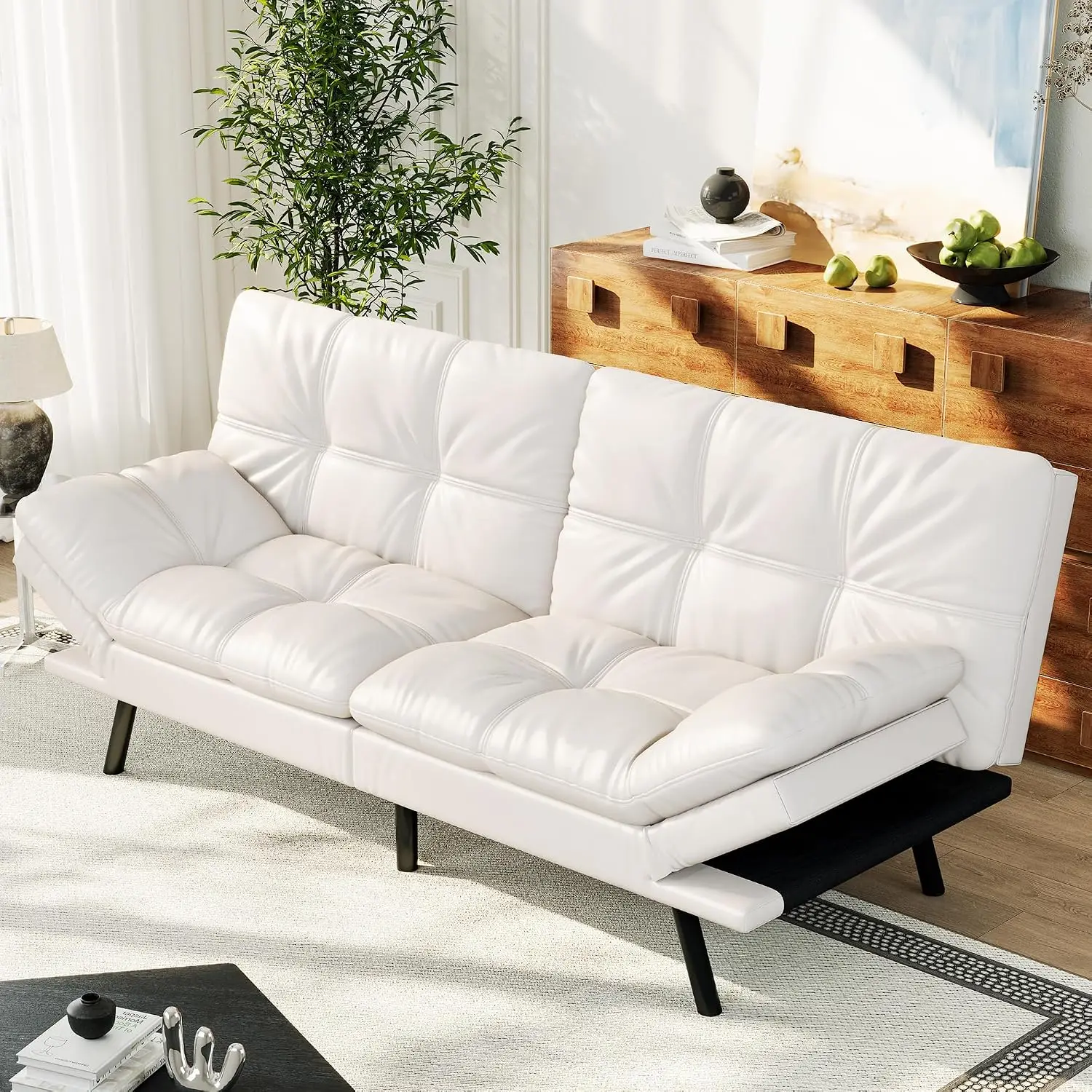 Faux Leather Convertible Sofa Bed,Memory Foam Futon,Splitback Loveseat for Living Room & Office,Pear White,Customized