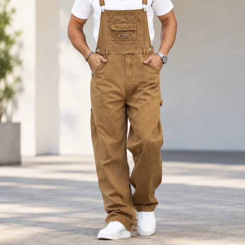 Men Denim Bib Overalls Four Season Loose Suspender Pants Street Trend Daily Casual Jumpsuit Adjustable Strap Dungarees For Men