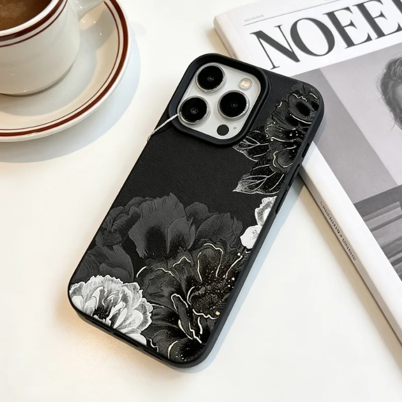 Black Peony Flower Phone Case For Samsung A05S A06 A07 A15 A16 A17 A34 A35 A53 A54 A55 S23 S24 FE S25 S26 Ultra A26 A36 A56 Case