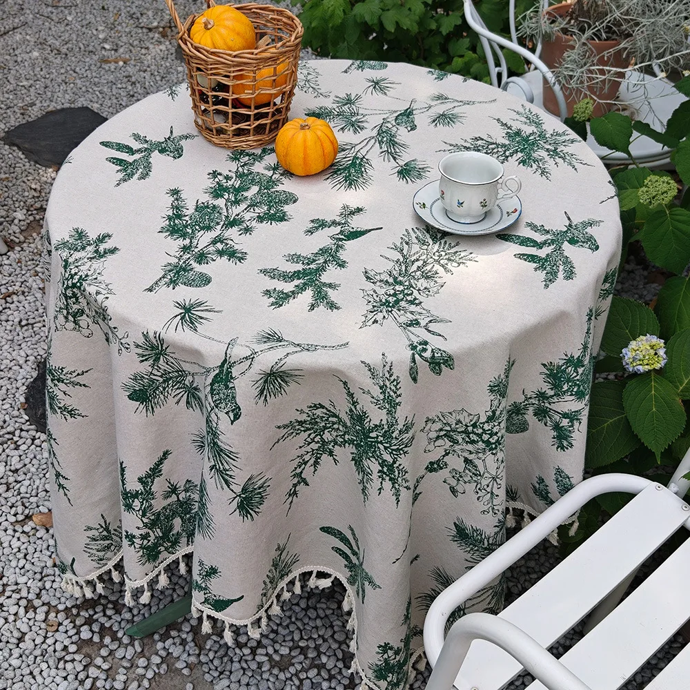 Green Leaf Printed Tablecloth, Boho Polyester Cotton Table Cover with Tassels, Washable for Home, Garden, Banquet & Daily Use