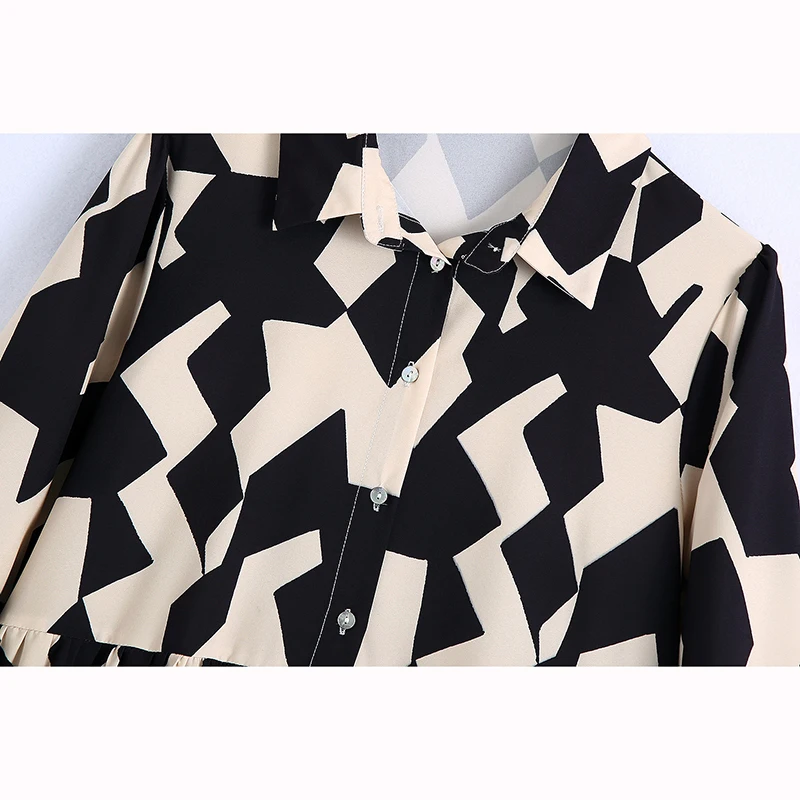 Female Dress Spring Summer New Geometric Print Turn-down Collar High Waist Patchwork Fashion Loose A-line Dress Female Clothing