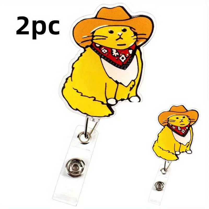

Funny Cowboy Cat Badge Reel. Retractable ID clip for nurses, medical assistants & office staff.