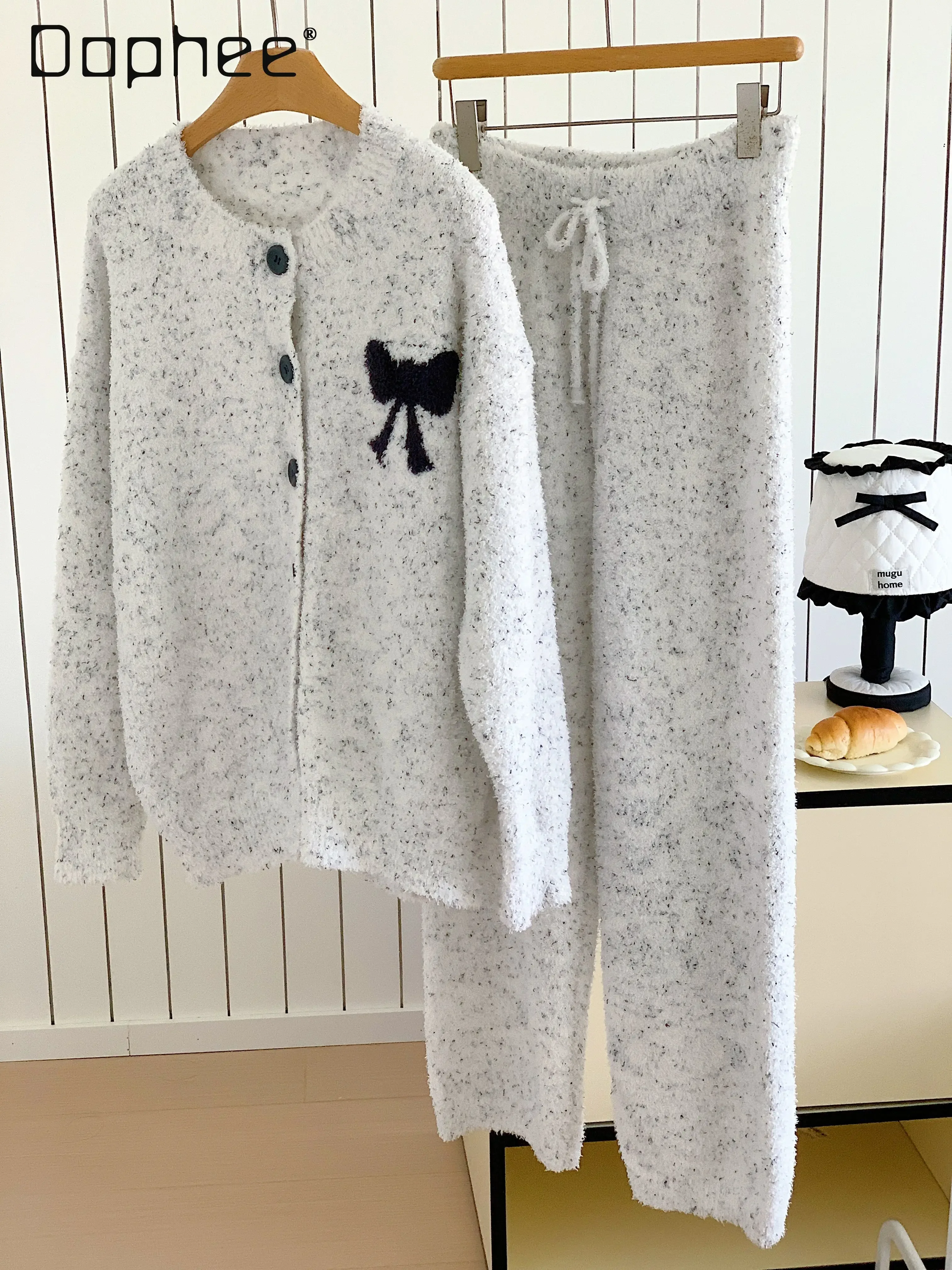 Sweet Pajamas Bow Long Sleeve Round Collar Single-breasted Cardigan + Drawstring Pants Soft Loungewear 2024 Autumn Fashion