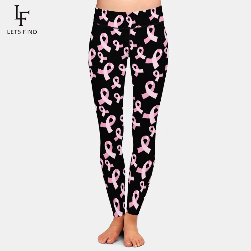 

LETSFIND Fashion Women Soft Leggings 3D Pink Ribbon Digital Printing High Waist Fitness Slim Stretch Black Leggings