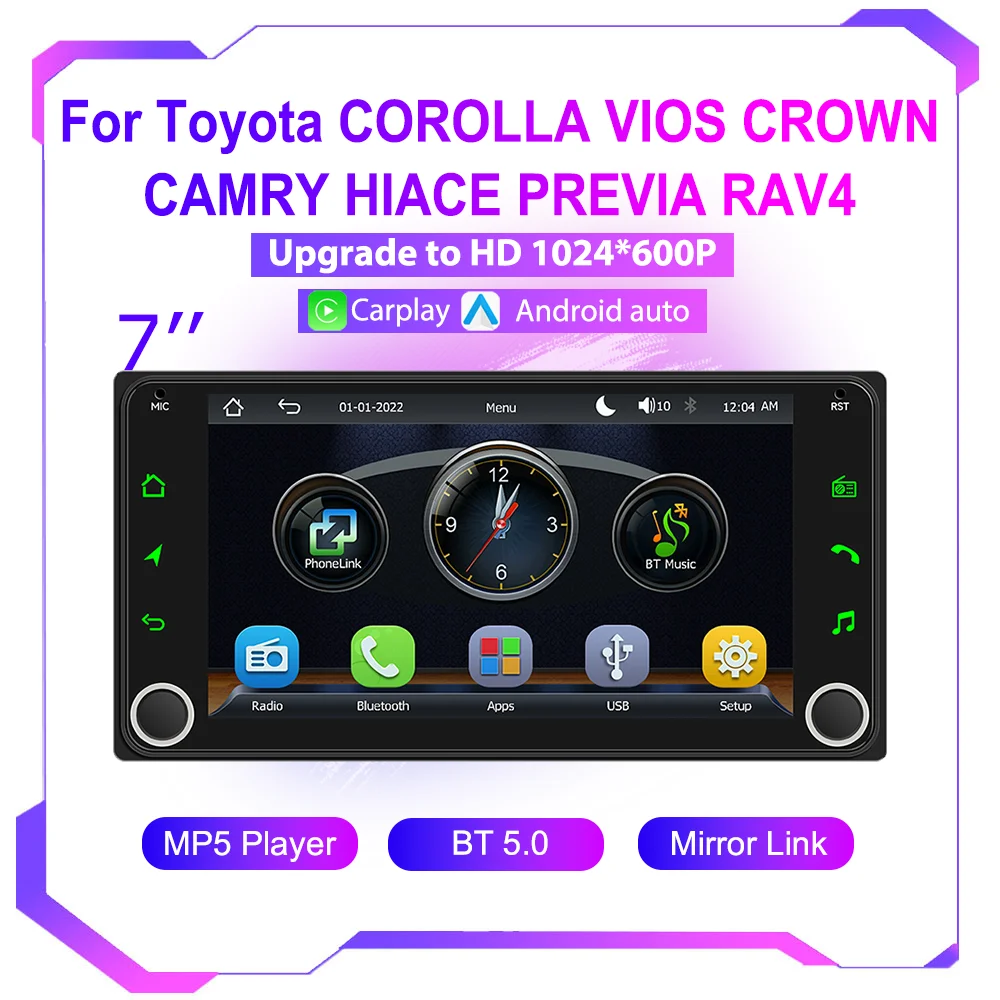Android Auto Radio For Toyota COROLLA VIOS CROWN CAMRY HIACE PREVIA RAV4 Car MP5 Player Multimedia Stereo Carplay RDS FM BT 5.0