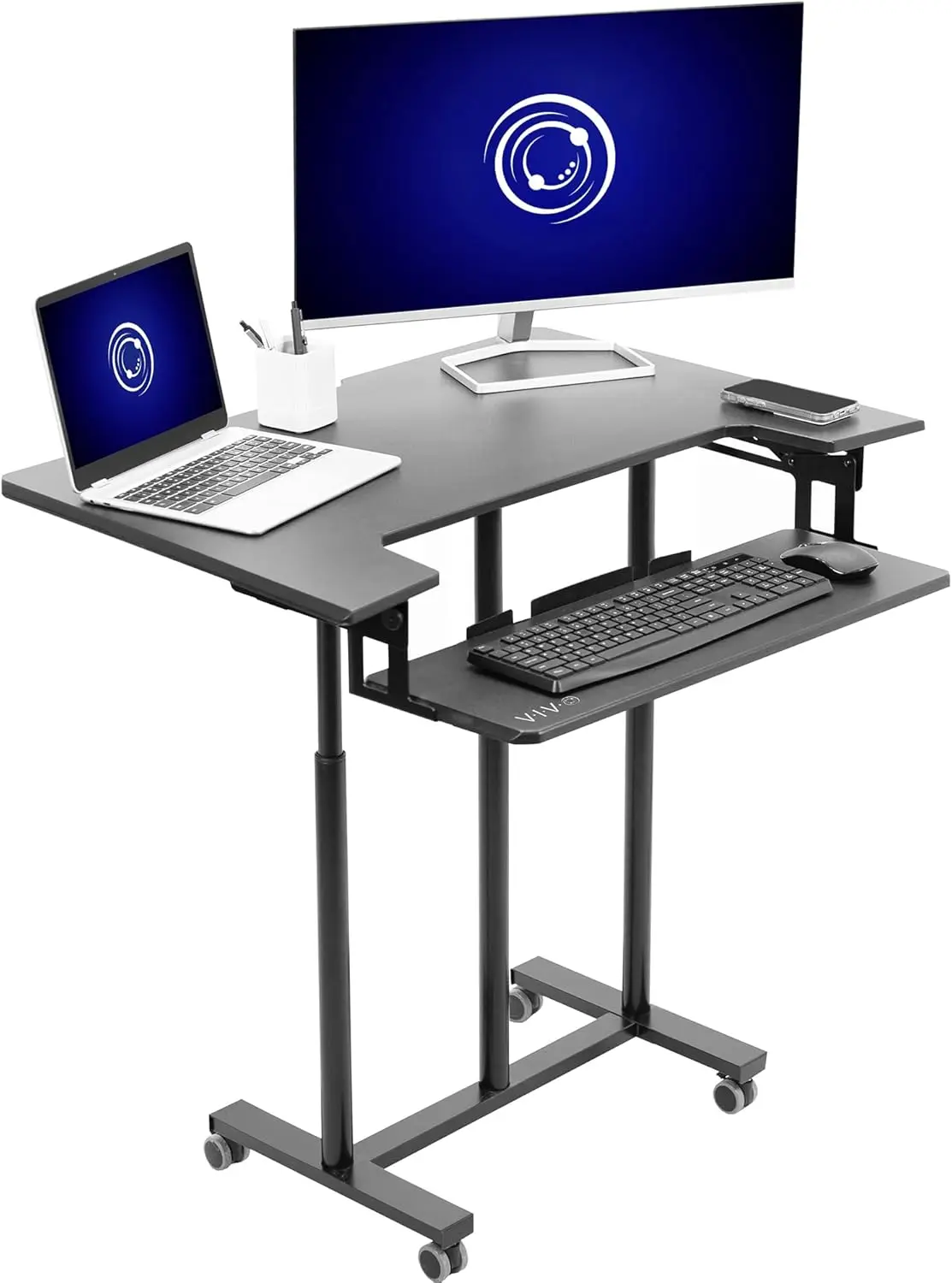 

Mobile Height Adjustable Table, Stand Up Desk Cart with Sliding Keyboard Tray, Computer Workstation, Rolling Presentation Car
