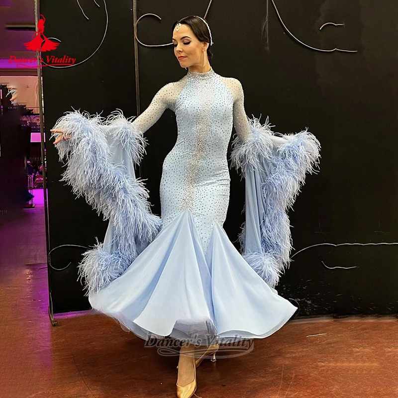 The New Style Ballroom Dance Long Sleeves Elegant Wrapped Hip Dress Custom Adult&Child Waltz Perform Clothing Dancer's Vitality