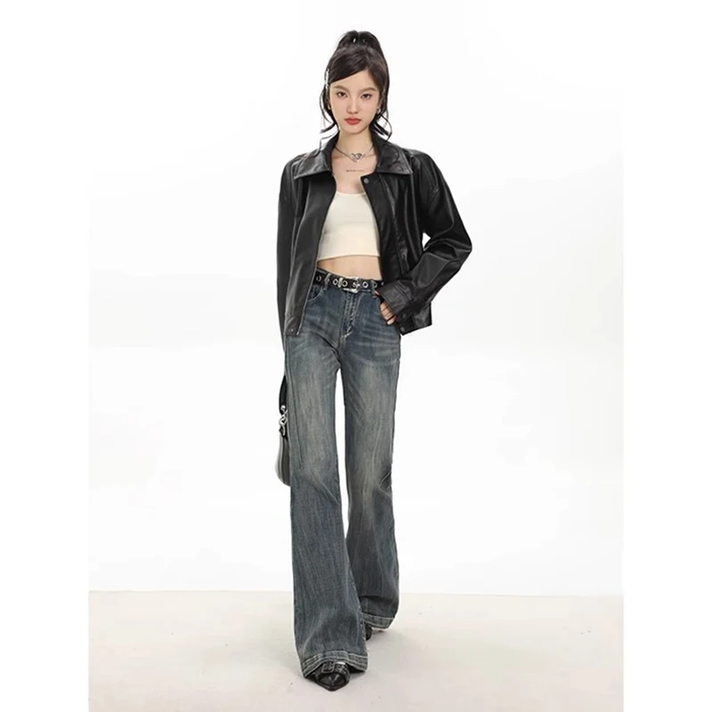 Wcfcx studio streetwear französisch vintage flare jeans frauen hohe taille retro hose weiblich herbst denim lässig baggy jeans