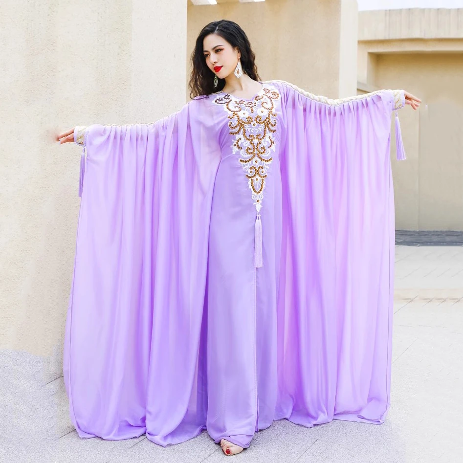 Elegant Traditional Khaleeji Thobe Dress Chiffon Belly Dance Outfit Kaftan Dress Rhinestone Beads Competition Khaleegy Costume