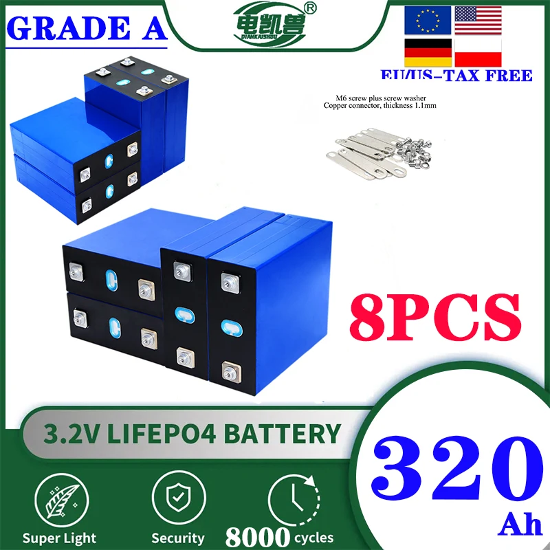 8pcs A-Grade tax-free 8000 cycle LiFePO4 3.2V rechargeable battery, suitable for DIY 12V 24V 48V solar communication systems