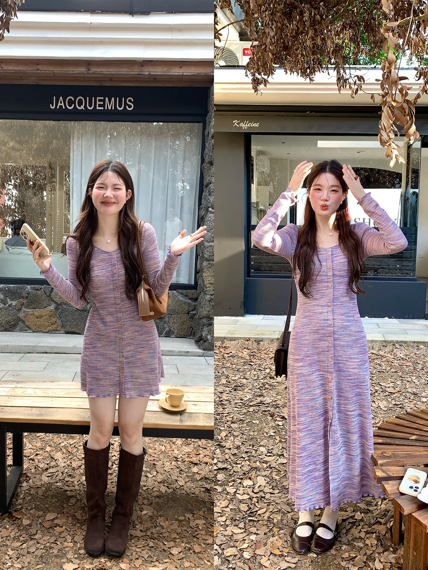 Mis Island coreano Sle mujer larga Sve tejida Dr round Ne A-Line falda de capa Base Casual algodón fibra de poliéster