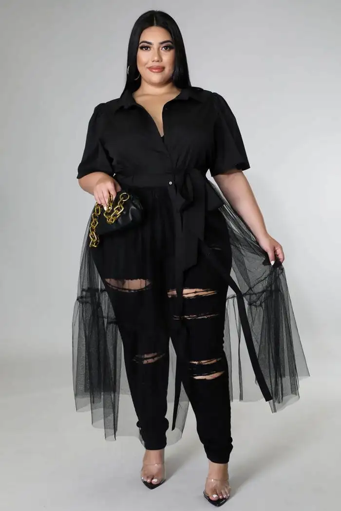 Spring  plus Size Long Blouse Ladies irt Fat Women High Waist  Ne Polyester Fiber A-Line Dr Commute Sle