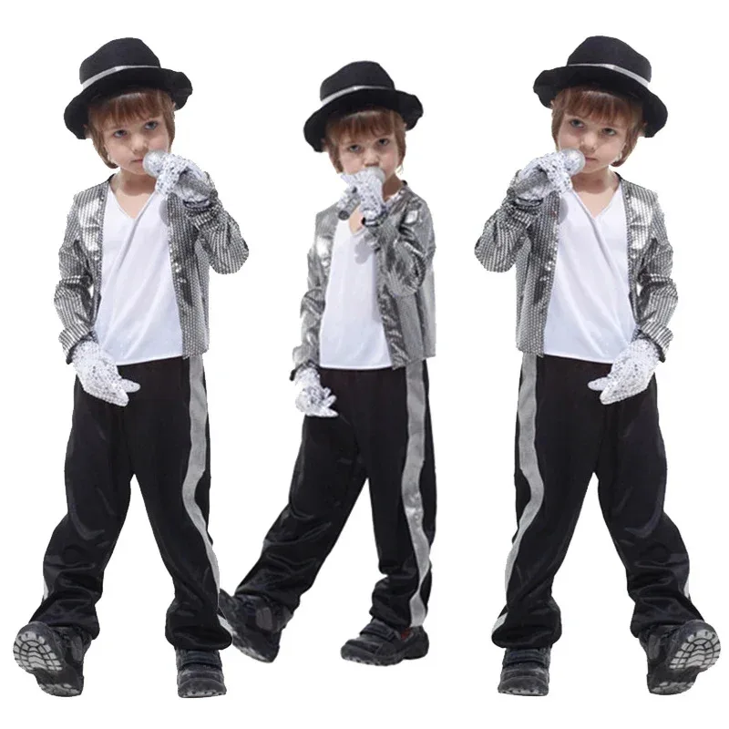 Mantel MJ Michael Jackson Billie Jean Cosplay Pesta Anak-anak Jaket Penyanyi Superstar Sarung Tangan Set Tari Anak-anak Pakaian Kostum