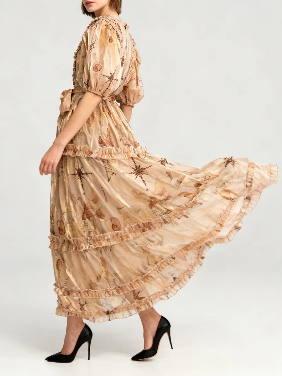 TWOTWINSTYLE Printing Spliced Fungus Folds Vintage Dresses for Women V Neck Half Sleeves High Waist Velvet Long Dress Female New