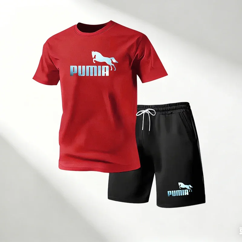 

2026Men's Street Fashion T-Shirts Sets Round Neck Short Sleeve+Sports Shorts Quick Dry Summer Running Fitness Suit Hot Sale 2Pcs