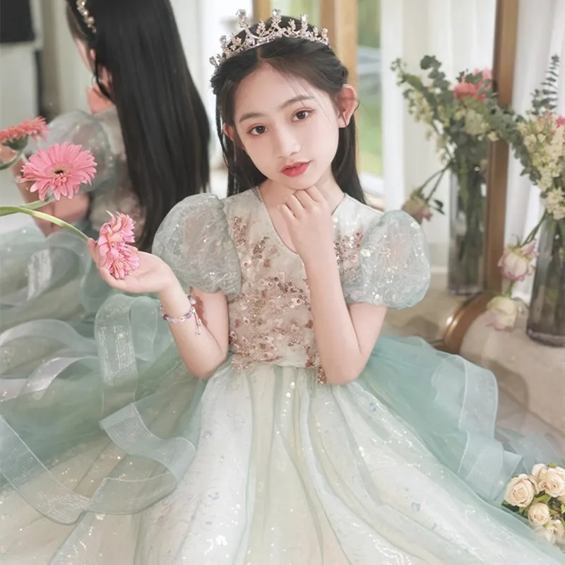 2024 Classic V-Neck Bubble Sleeves Girl Princess Dress Children Tulle Evening Dresses Trend Performance Costume for Kids Girls