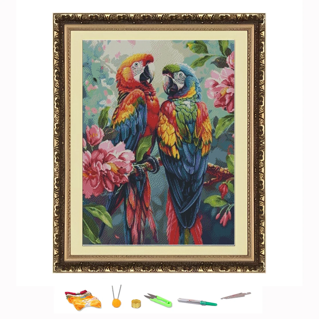 Cross Stitch Embroidery Kits Flowers Two Macaws Cotton Thread Painting DIY Needlework Counted Printed on Canvas 11CT Decoration