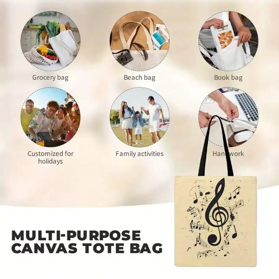 

Multi-Purpose Canvas Tote Bag With Music Notes Design For Grocery Beach Book And Family Activities