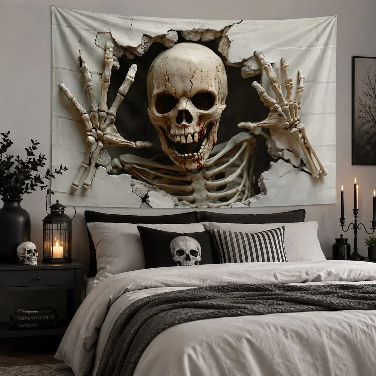 2D Flat, [ 2D Flat Printing] 1pc- Ultra Large Size- Halloween Skeleton Hole Wall - HD Digital Printing Huge Tapestry- Polyester- Home Decoration- with Free Hanging Clips, 2D Flat