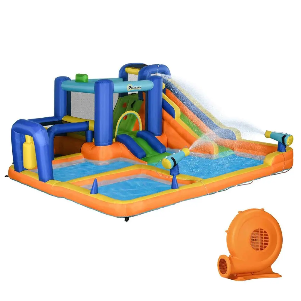 

Kids Inflatable Water Slide 7in1 Bounce House Water Park Jumping Castle with Water Pool, Slide, Soccer Goal, Basketball Hoop, B