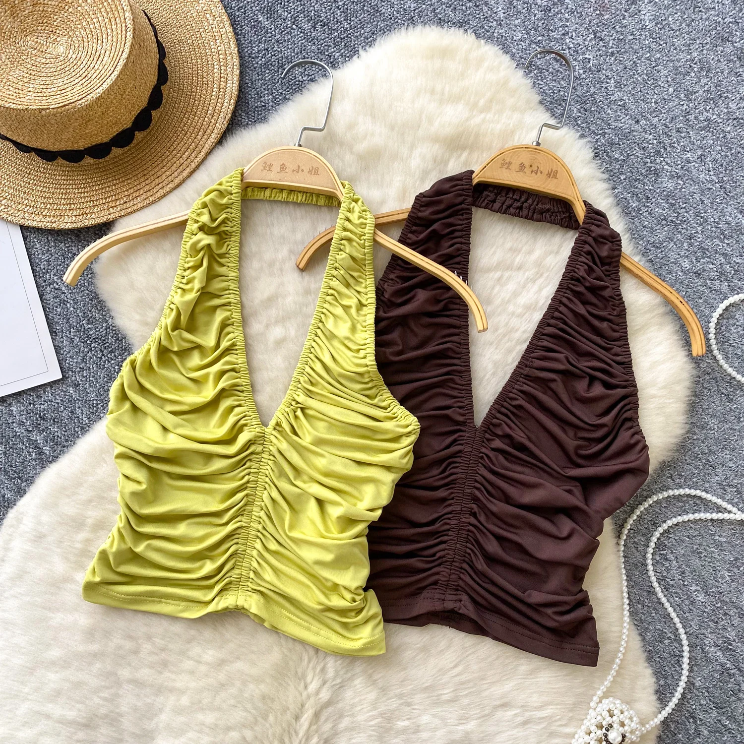 Lady Ins Chic Halter Open Back Tops Shirts Women Summer Ruched V Neck Trendy Crop Tops Camis Tanks Green Fashion Low Cutout Tops