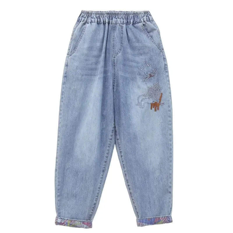 Fashion Harem Jeans For Women Vintage Embroidery Loose Denim Pants Chinese Style Casual Washed