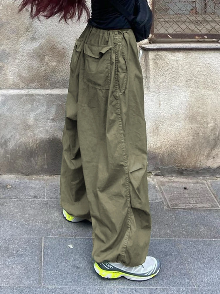 IAMSURE Casual Big Pockets Cargo Pants Solid Drawsreing Low-Waisted Wide Leg Pants Women 2022 Summer Fashion Streetwear Ladies