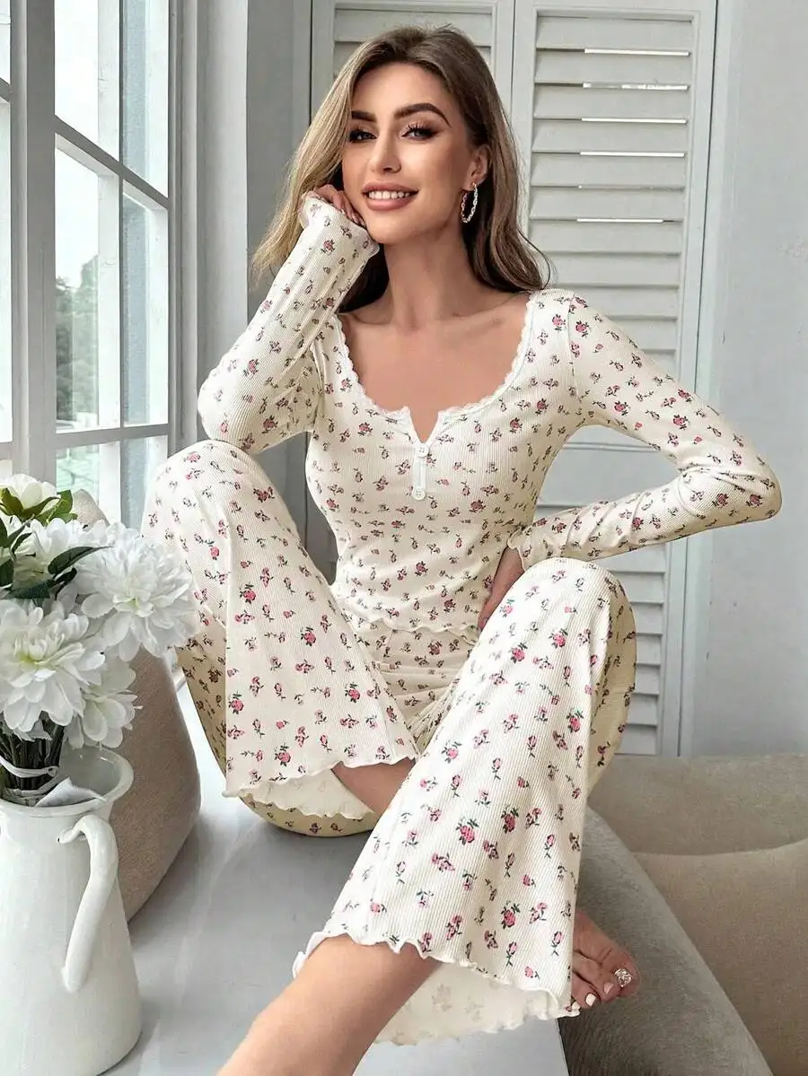 

Sleepwear Women Floral Print Lettuce Trim Top With Long Pant Lovely Loungewear Full Sleeve Nightwear Spring Autumn Set