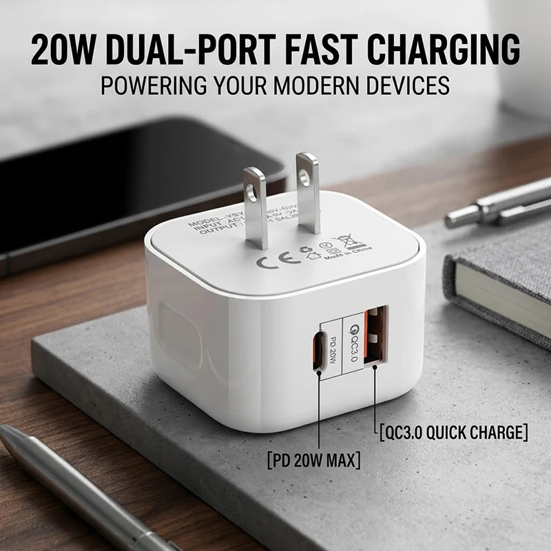 PD 20W & QC 3.0 Double Port USB C Wall Charger UK Plug Fast Charging Power Adapter For iPhone 18 17 16 15 For Samsung For Xiaomi