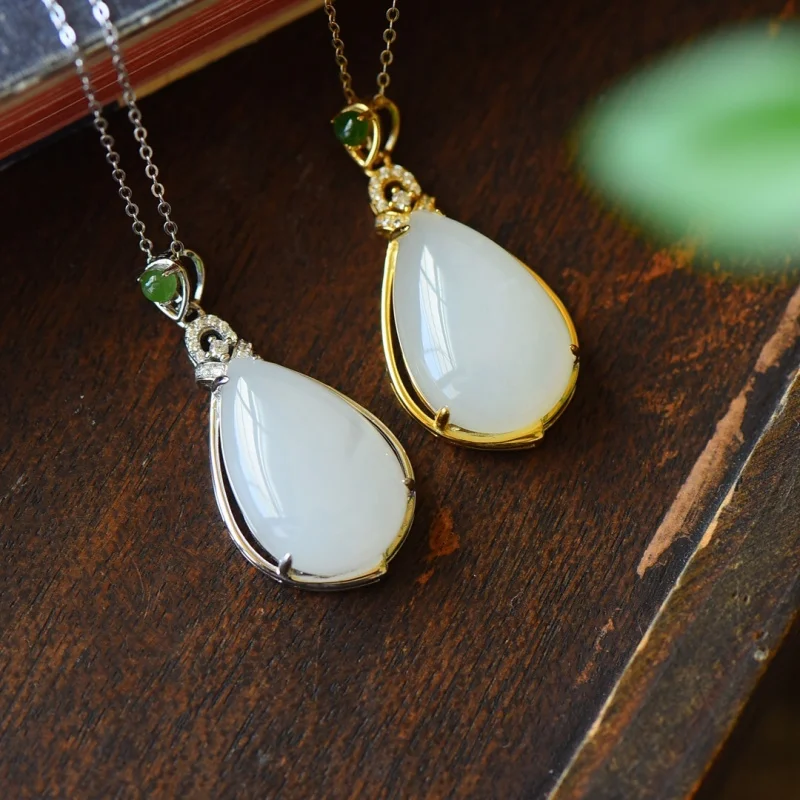 SGARIT New Fashion Natural Emerald S925 Sterling Silver Hetian White Jade Mutton Fat Pendant Necklace Classic Jewelry Luxury Gif