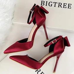 BIGTREE Shoes Bow-knot High Heels Women Shoes Satin Woman Pumps Sexy Wedding Shoes Stiletto Heels Hollow Woman Sandals Size 43