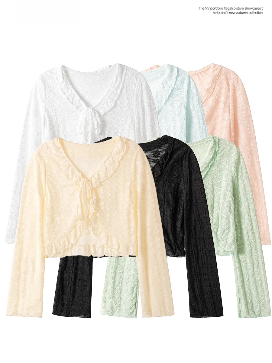 

Korean Style Doll Collar Long Sleeve Sun Protection Outerwear Women's Summer Elegant Flower outside Top Layered Shirt