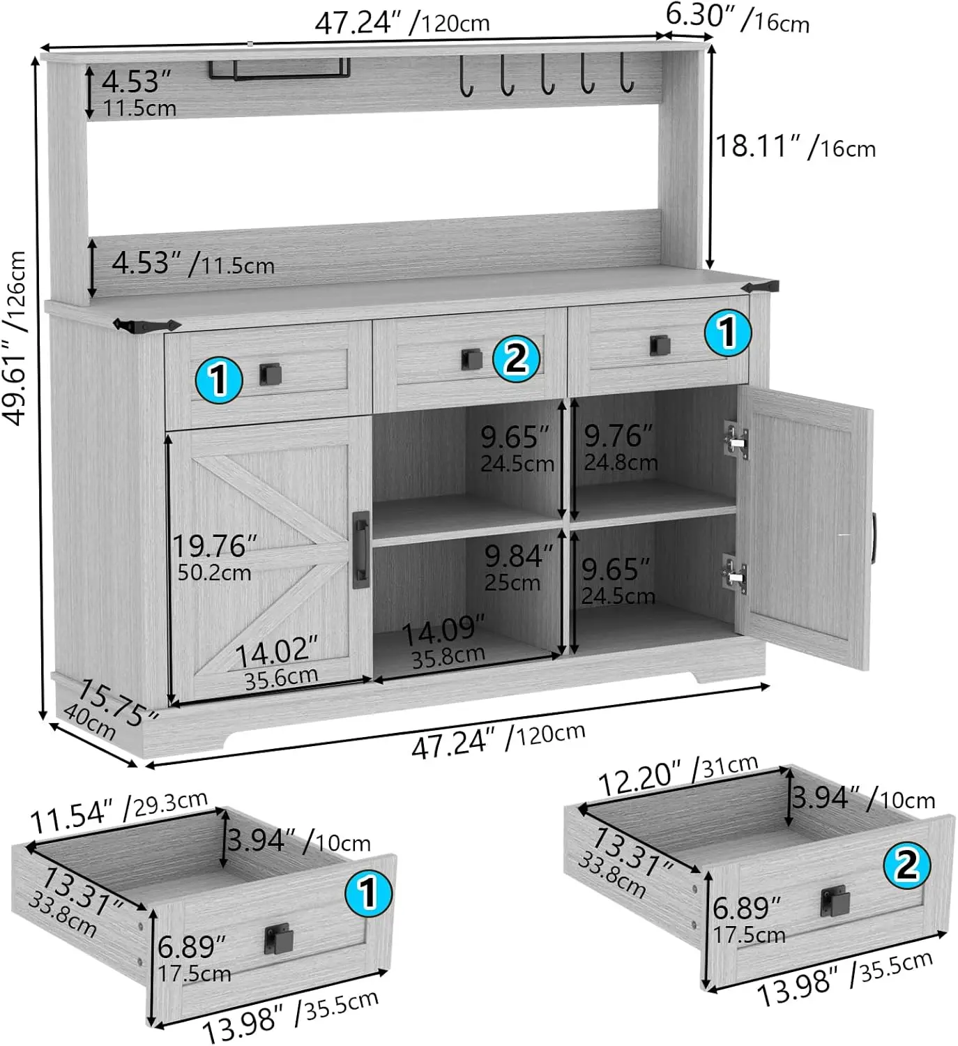 Farmhouse Bar Cabinet with Hutch, Kitchen Buffet Cabinet with Storage & 3 Sliding Drawers, Adjustable Shelf, Goblet Holder