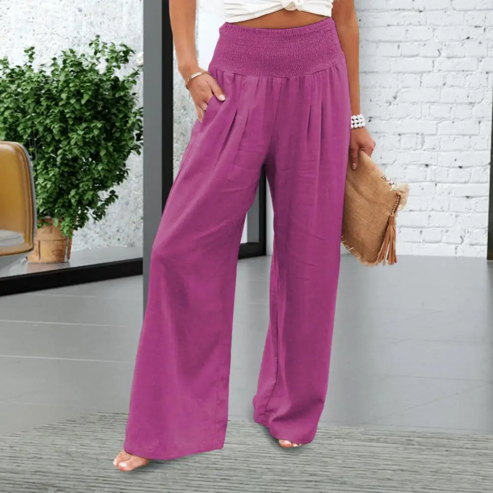 Women Summer Pants Solid Color Wide Leg Mid Elastic Waist Full Length Loose Soft Breathable Lady Pockets Trousers Sweatpants