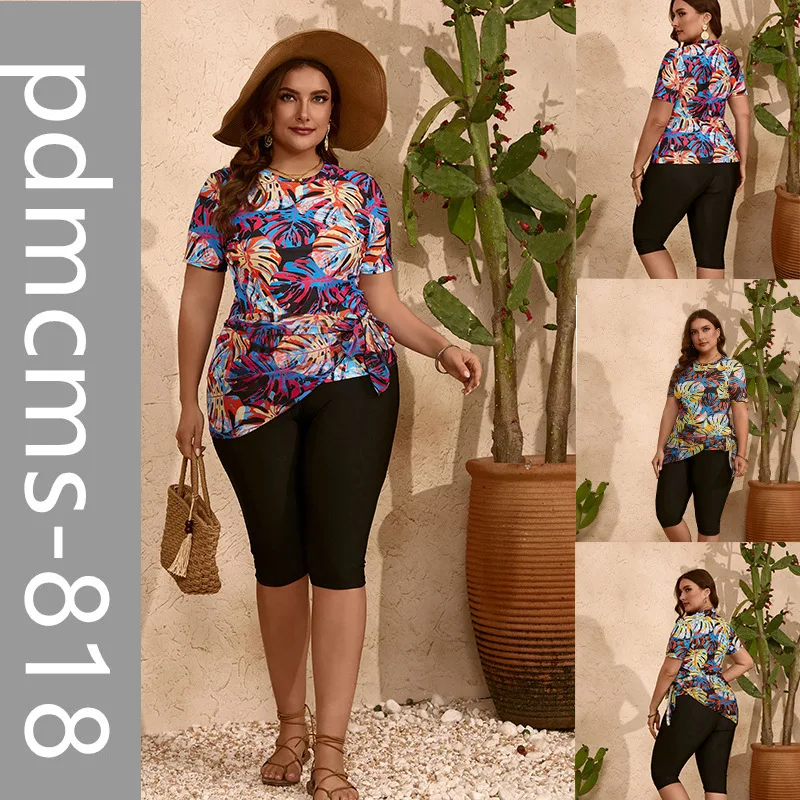 

Women's large-size printed mesh short-sleeved black shorts three-piece split swimsuit 2025 new