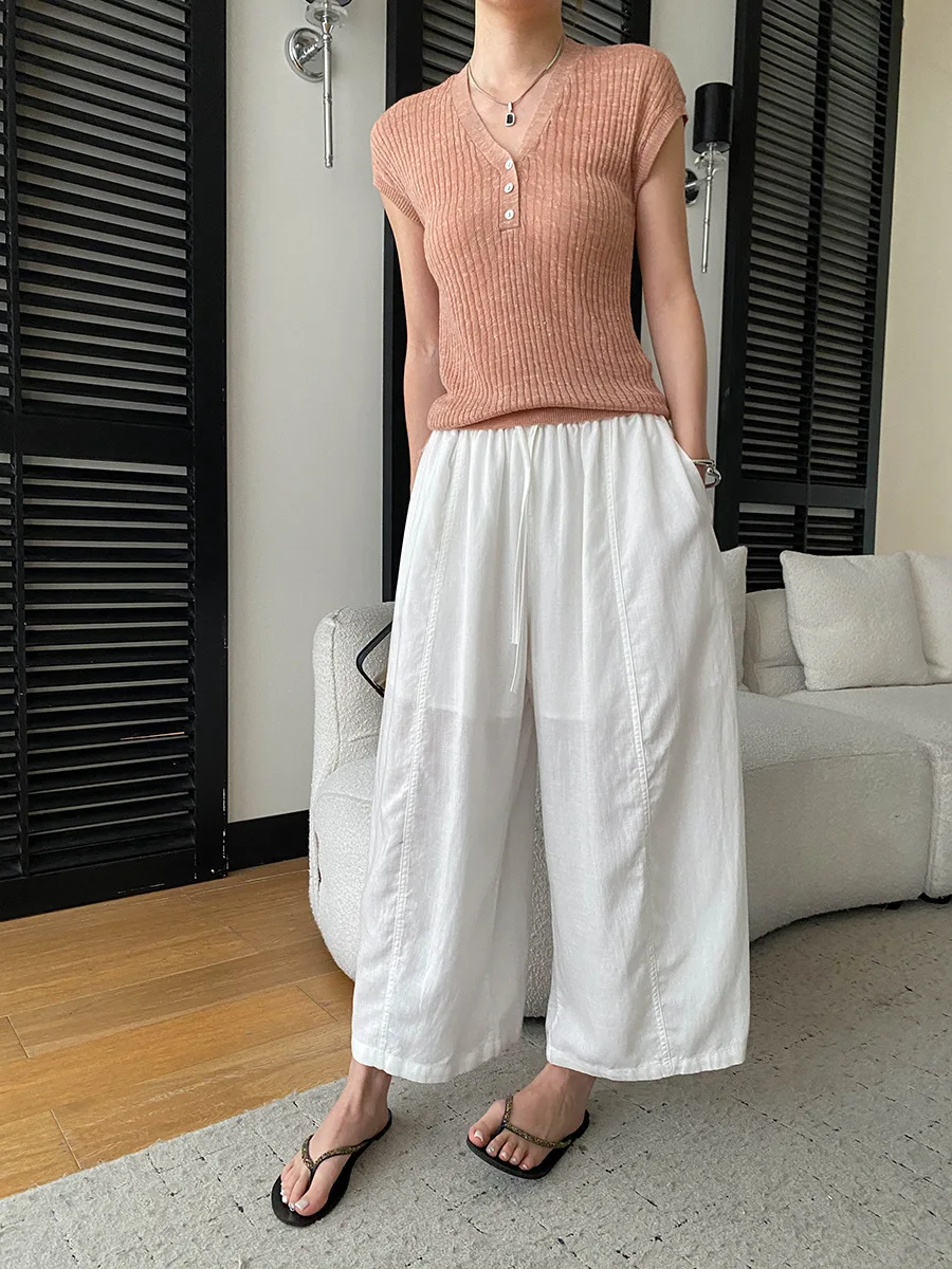 Sommerliche High-Waist-Hose mit weitem Bein für Damen, lässige, einfarbige, locker sitzende Hose – Detail 32