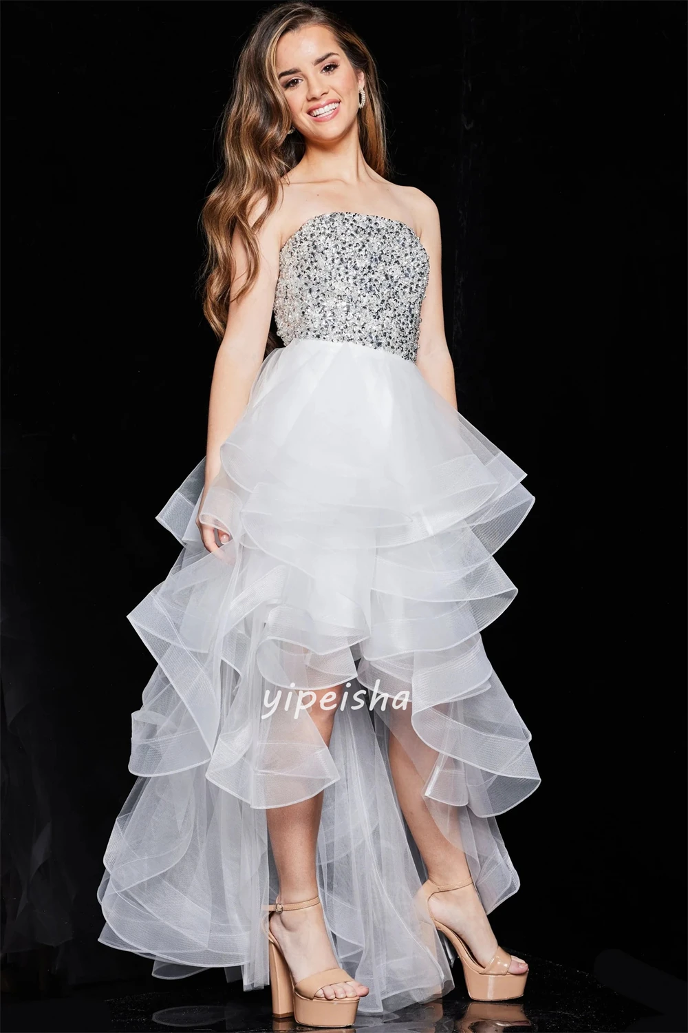 Customized Sparkle Modern Style Tulle Sequined Beading Ruched A-line Strapless Long Dresses Evening Dresses Sizes Available Sexy