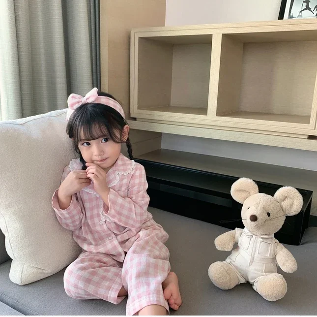 Girl\'s Turndown Collar Pink Plaid Pajama Sets Cute Kid Vintage Toddler Kid‘s Pyjamas Set Sleep Loungewear Children’s Clothing