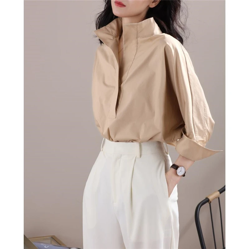 2022 New Autumn Fashion Women\'s Casual Three-quarter Sleeve Cotton Shirt Elegant Stand Collar White Office Lady Loose Blouse Top