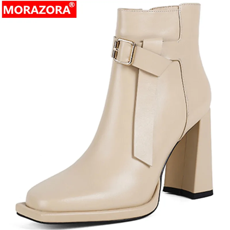 

MORAZORA 2022 New Zipper Ankle Boots Winter Genuine Leather Boots Woman Top Quality Thick High Heels Platform Shoes