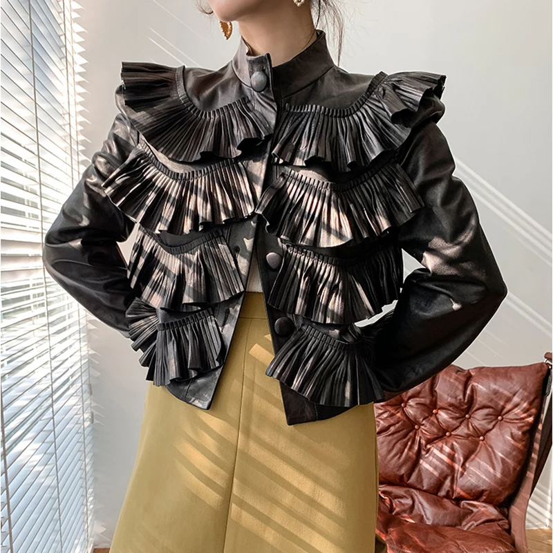 

2023 Ruffles Genuine Leather Jacket Women's Spring New Fashion Short Vertical Collar Outerwear Casual Pleated Slim fit Sheepskin