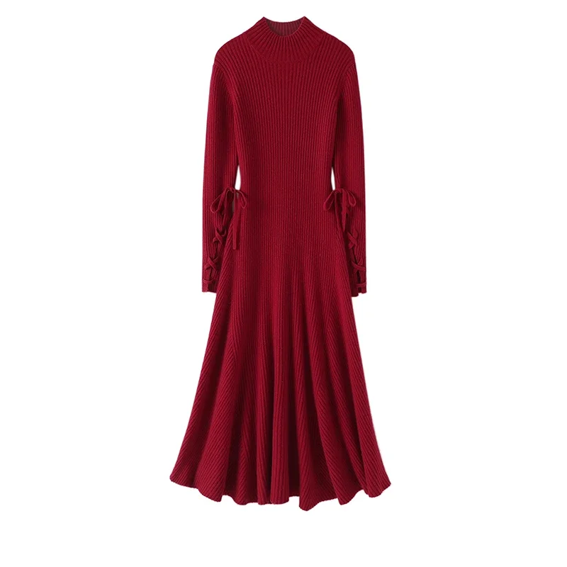 

Half high collar maxi dress 100% Cashmere Winter Warm Sweater Women New Latest Fashion Indie Folk Draw String Ankle-Length