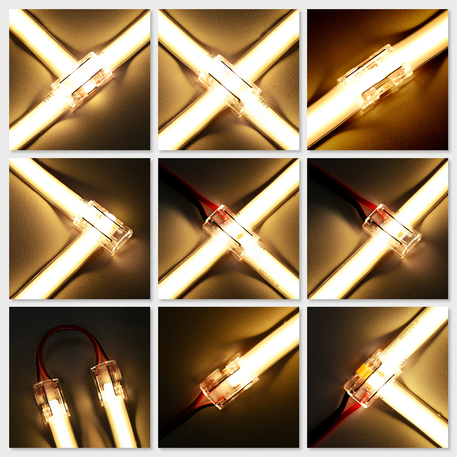 8pcs LED Connector Solderless 9 in 1 Transparent Connectors DIY L T X Shape 15cm Wire For 2pin 8mm 10mm COB LED Strip Lights