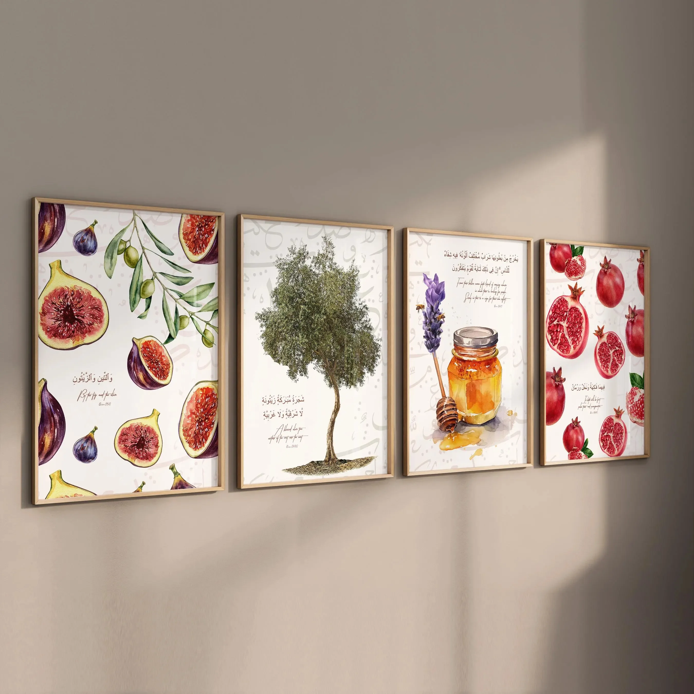 Islamische Koran-Verse, Feige, Olivenbaum, Granatapfel, Leinwand-Poster, arabische Kalligraphie, Wandkunstdruck für moderne Küche, Heimdekoration
