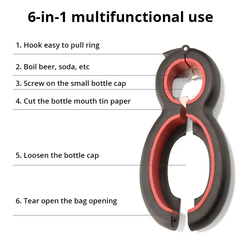 Creative 6-in-1 Multifunctional Bottle Opener Opener Anti Slip Lid Opener Stainless Steel 8 Character Can Opener Kitchen Tool